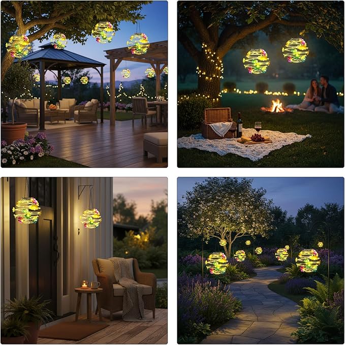 2 Pack Solar Lanterns Outdoor Waterproof , 30LEDs Hanging Solar Lights with Flower for Garden Patio Yard Decor, Gift for Grandma Gardeners Women