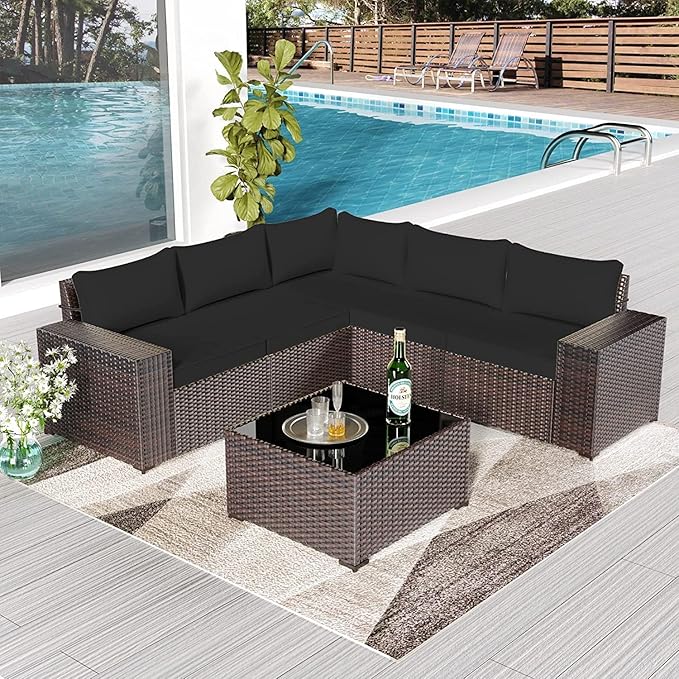 6 PCS Outdoor Patio Furniture Set,Outdoor Sectional Furniture All Weather PE Rattan Wicker Patio Conversation Set with Coffee Table and 5 Thickened Cushions,Black