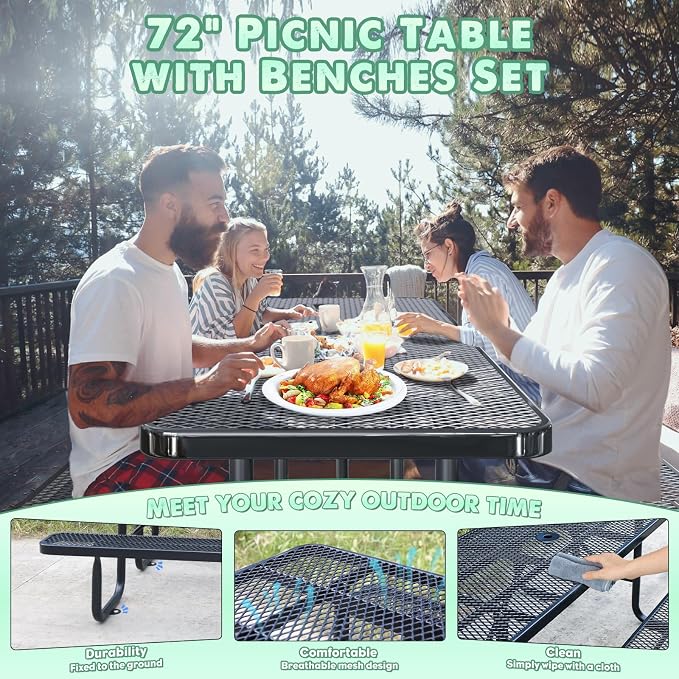 6FT/72IN Heavy Duty Outdoor Picnic Table and 2 Benches for 4-8 People, Weather Resistant Rectangular Steel Picnic Table Set with Umbrella Hole for Yard Patio Lawn Party Black