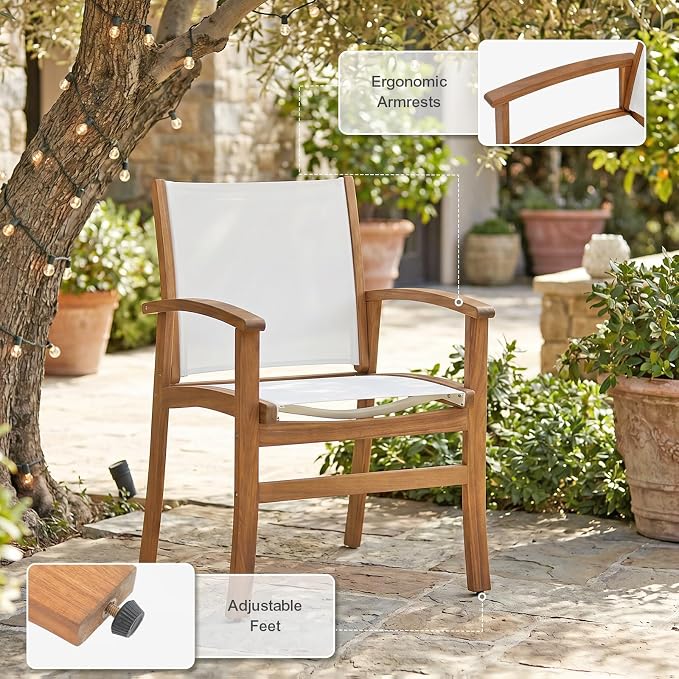 SUNSITT 5-Piece Outdoor Patio Dining Set, 55" - 71" Acacia Wood Expandable Table & 4 Breathable Textilene Mesh Chairs, All-Weather Patio Furniture w/Umbrella Hole for Backyard, Deck, Garden, White