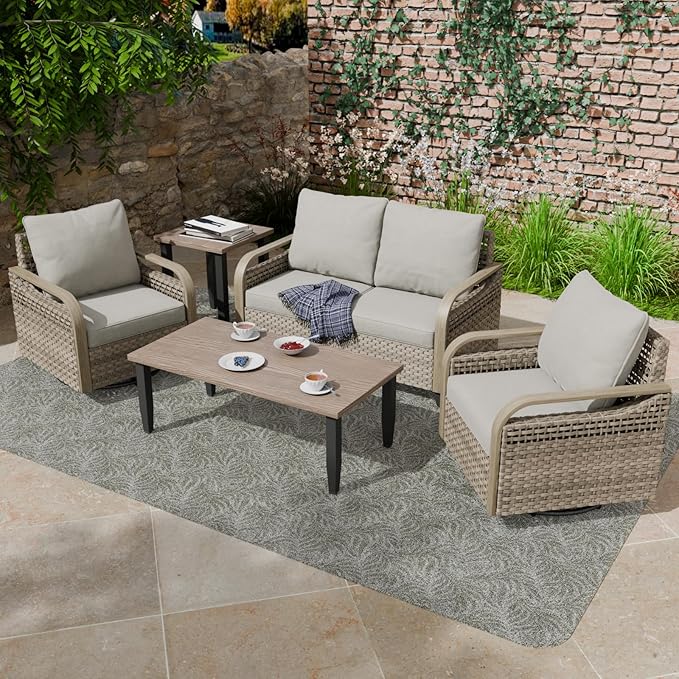 COOS BAY Modern Wicker Outdoor Furniture Set, 5 Piece Patio Conversation Set with 2 Swivel Rockers, a Loveseat, Coffee Table and Side Table, 5 Piece, Brown/Gray