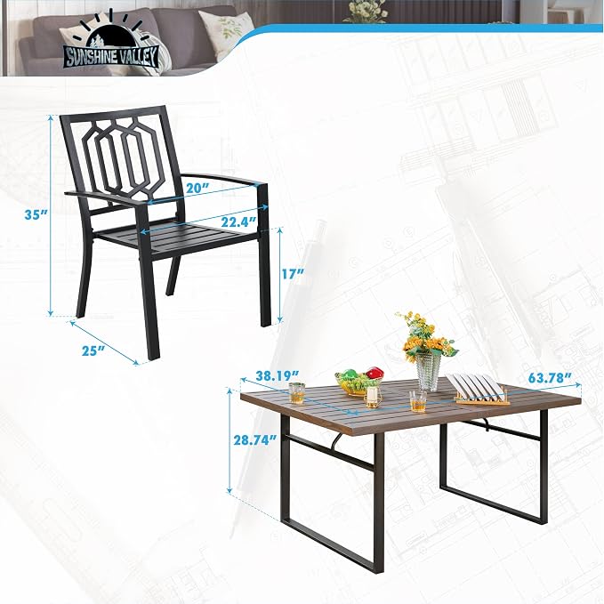 SUNSHINE VALLEY Patio Dining Set,Wood-Like Metal Table w/Umbrella Hole | 64x38 Table&6 Pcs Rust-Proof Stackable Chairs, Outdoor Table and Chairs Set for Backyard Garden Deck
