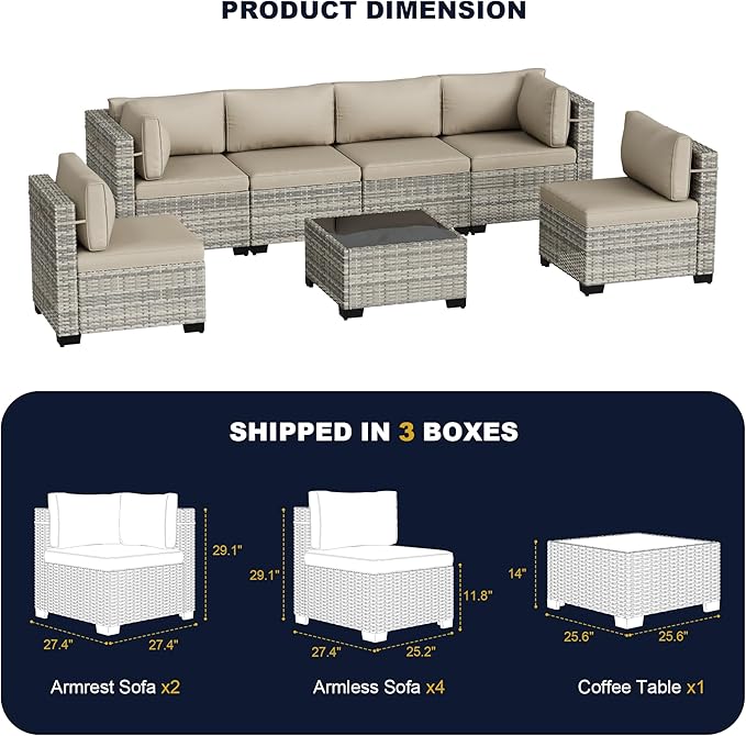7-Piece Outdoor Patio Furniture Set, PE Wicker Rattan Sectional Sofa Conversation Set with Tempered Glass Table & Thick Cushions - All-Weather Garden, Backyard Furniture, Beige