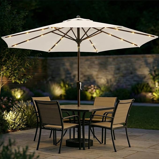 11FT Solar Patio Umbrella with Lights, Outdoor Table Market Umbrella with 32 LED Lights, 8 Sturdy Ribs, Smooth Crank Lift for Pool, Deck and Garden, UV-Resistant