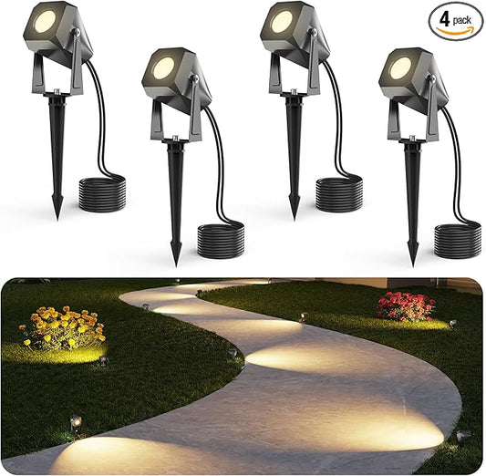 DeckTok Outdoor Landscape Lighting, 4 Pack Outdoor Spotlights, LED Low Voltage Landscape Lights for House Yard Garden Lawn Tree Fence Plant Flags Pathway, 12V 2700K Warm White, IP65 Waterproof