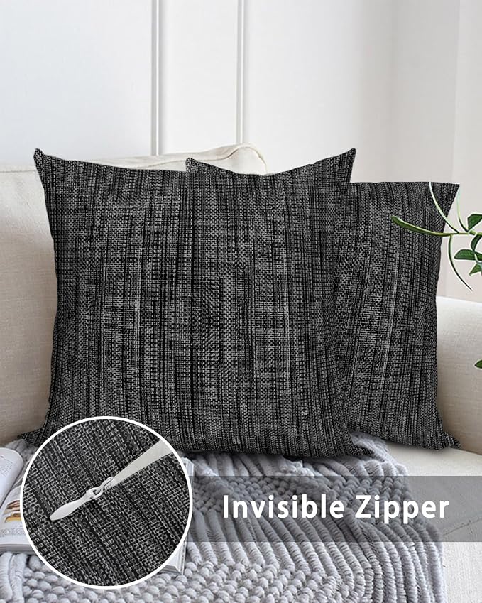 Outdoor Waterproof Throw Pillows 16x16in, Minimalist Obsidian Black Patio Pillows Pack of 2,Decorative Pillow Covers with Insert,Pillow Cushion Case for Garden Couch Sofa Vintage Linen Weave Textured