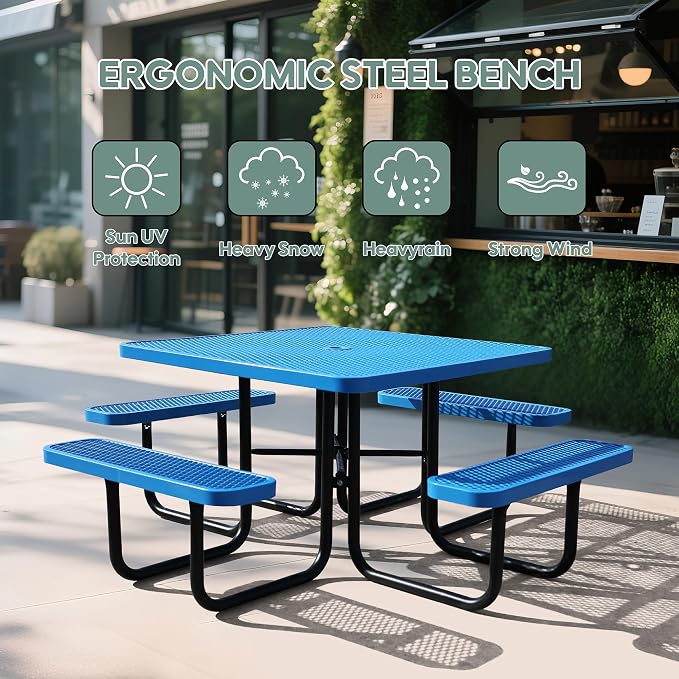 46" Square Picnic Table for Outside,Blue Heavy Duty Metal Picnic Table Bench Set with 2in Umbrella Hole, 1600 lb Capacity,Commercial Dining Table Furniture for Garden Yard Patio Party Coffee Shop