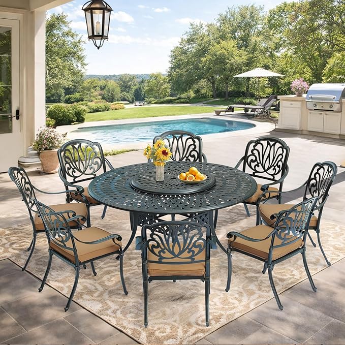 VIVIJASON 9-Piece Patio Furniture Dining Set, Rust-Free Cast Aluminum Outdoor Conversation Set, Include 8 Cushioned Chairs & 61" Round Dining Table with 31" Lazy Susan, Umbrella Hole, Khaki