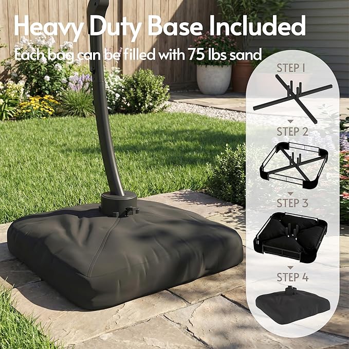 ENSTVER 12FT Solar Powered LED Light Cantilever Patio Umbrella With Base Included, Round Large Aluminum Outdoor Cantilever, Heavy Duty Offset Umbrella with 360°Rotation for Pool, Deck, Backyard