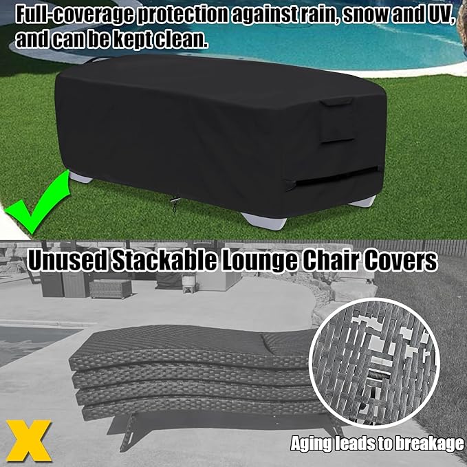 Outdoor Lounge Chair Covers for 4-6 Stackable Patio Chaise Lounge Chairs, Waterproof, Durable Polyester Fabric 80 x 32 x 40 Inch Pool lounge chair covers for Winter Storage (Black)