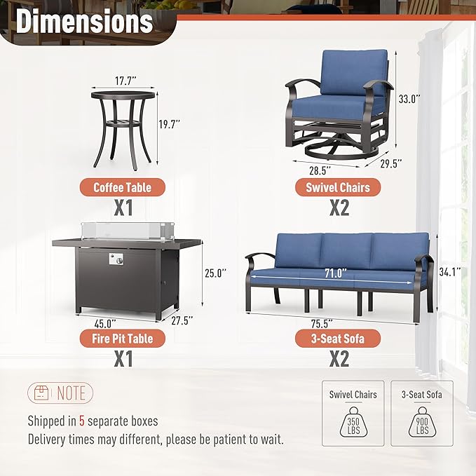 Kurapika Aluminum Patio Furniture Set 8-Seat Modern Metal Outdoor Conversation Sets w/45in Propane Fire Pit Table, Swivel Rocking Chairs Patio Sectional Sofa w/5.1 Inch Cushion, Navy Blue