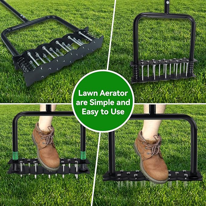 Lawn Aerator, Automatic Dirt and Leaf Clean Design, Heavy Duty Manual Lawn Aerator Tool with 14 Iron Spikes, Soil Lawn Aerating Tools for Yard Lawn and Garden, Aerator Spikes aerating Tool (Black)