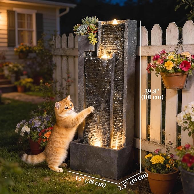 Outsunny 40" Tall Outdoor Waterfall Fountain with LED Lights and Planter, 3-Tier Cascading Waterfall Feature with Pump, Resin Freestanding Garden Fountain for Patio Balcony Garden, Dark Gray