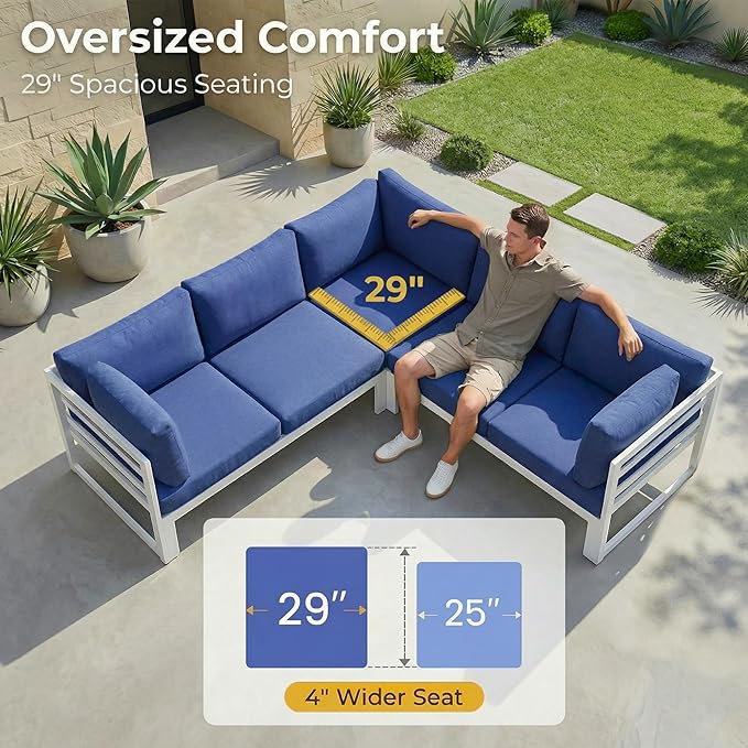 RADIATA 9 Piece Large Modern Aluminum Patio Furniture Set, Fade Resistant Modular Outdoor Conversation Set with Lounge & Fire Pit Table, 500 lbs Durable Modular Sectional Sofa for Garden, Navy Blue