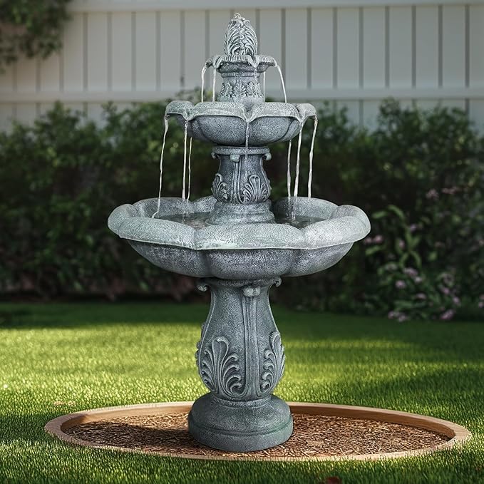 Waternature 48' Tall Modern Outdoor 3-Tiered Pagoda Fountain with Pump for Garden, Patio, Backyard, Deck, Lawn, Porch, Concrete Fountain for Birds Bath