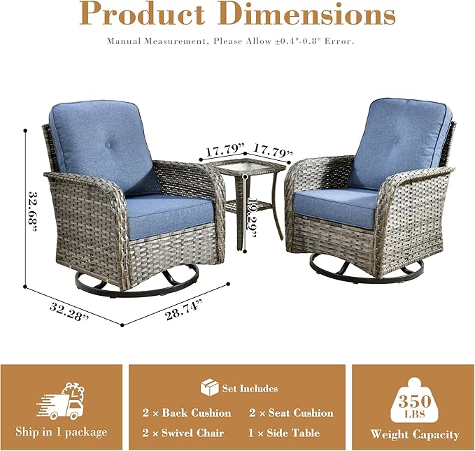3 Pieces Patio Furniture Set,All-Weather Rattan Wicker Outdoor Furniture with Swivel Rocking Chairs and Side Table,High Back Conversation Set for Porch,Backyard,Balcony,Denim Blue