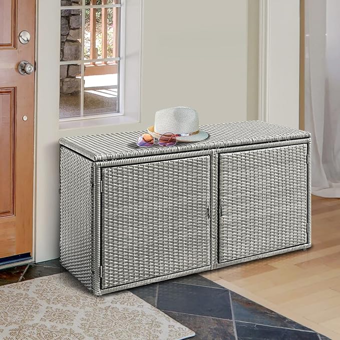 DORTALA 88 Gallon Deck Box Organizer, Wicker Large Indoor Outdoor Storage Container Cabinet for Patio Furniture Cushions Garden Tools, Gray