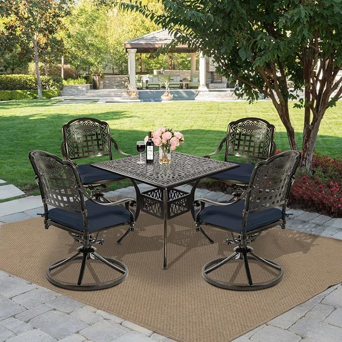 MEETWARM 5-Piece Outdoor Patio Dining Set, All-Weather Cast Aluminum Patio Conversation Set with 4 Cushions Swivel Rocker Chairs for Backyard Garden Deck and 35.4" Square Table, Navy Blue