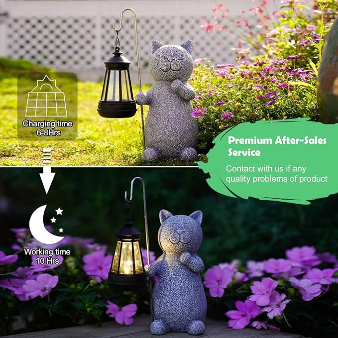 Qeeman Solar Cat Garden Statue: Weatherproof Resin Figurine with Warm Glow Lantern - Outdoor Decor for Yard Pathway Patio Porch Balcony - Gifts for Mom Grandma Cat Lovers