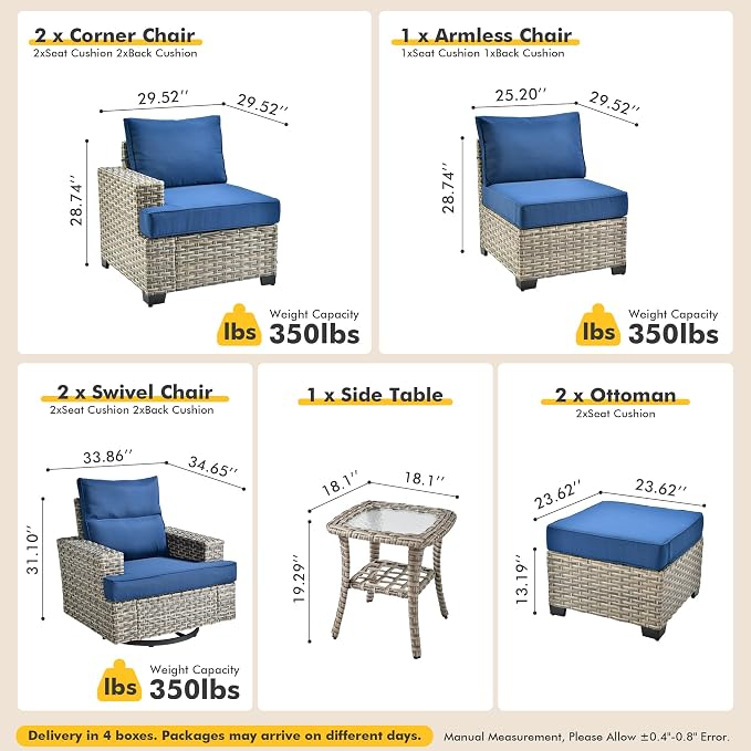 Patio Outdoor Furniture Set - All Weather Wicker Modular Sectional Sofa Couch,Patio Seating Outdoor Conversation Sets for Deck Yard Garden (Navy Blue, 8 Pcs w/Swivel Glider)