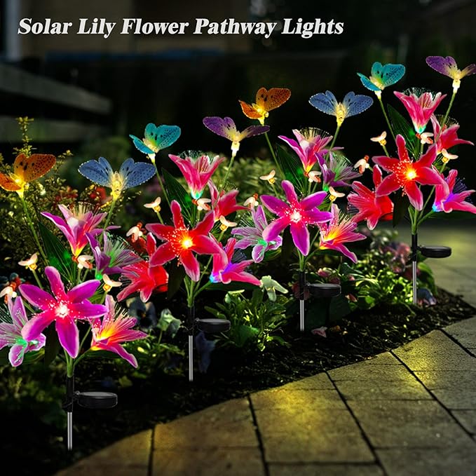 Solar Flower Lights Outdoor Garden Gifts Mother Day Decor,2Pack Color Changing Lilies Flowers with Flying Butterfly and Bee,Lily Flower Solar Lights Outside for Path Yard Patio Lawn Grave Spring Decor