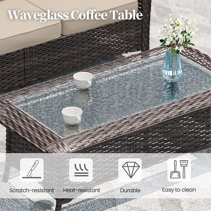 ALAULM 7 Pieces Patio Furniture Set,High Back Wicker Outdoor Sectional Furniture Set with Swivel Chairs & Coffee Table, Patio Conversation Set Thick Cushion for Backyard, Deck, Porch-Sand