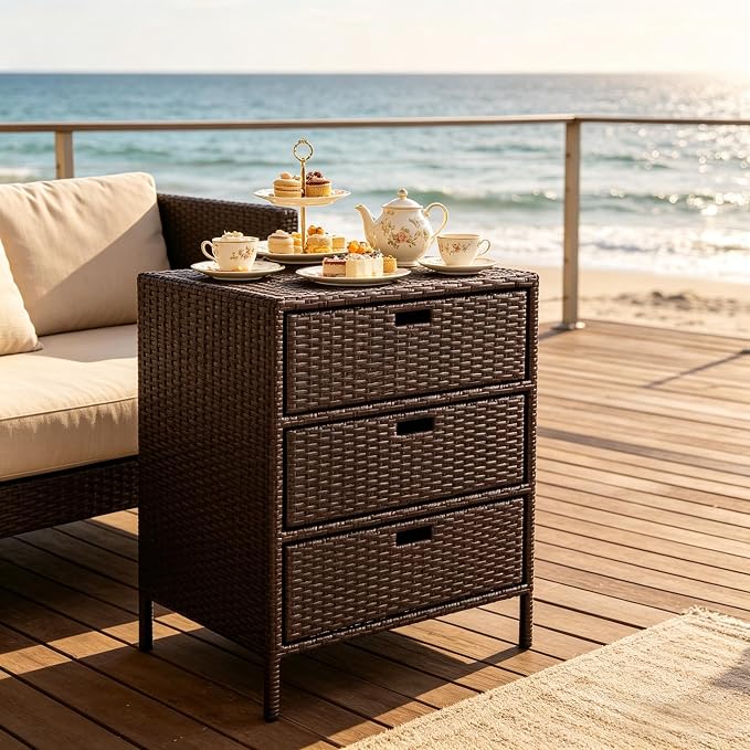 Outdoor Deck Box Storage Cabinet with 3 Drawers, Wicker Pool Towel Rack and Organizer for Patio and Garden, Water Resistant PE Rattan with Steel Frame, 23.5 x 19.8 x 32.3 Inches, Brown