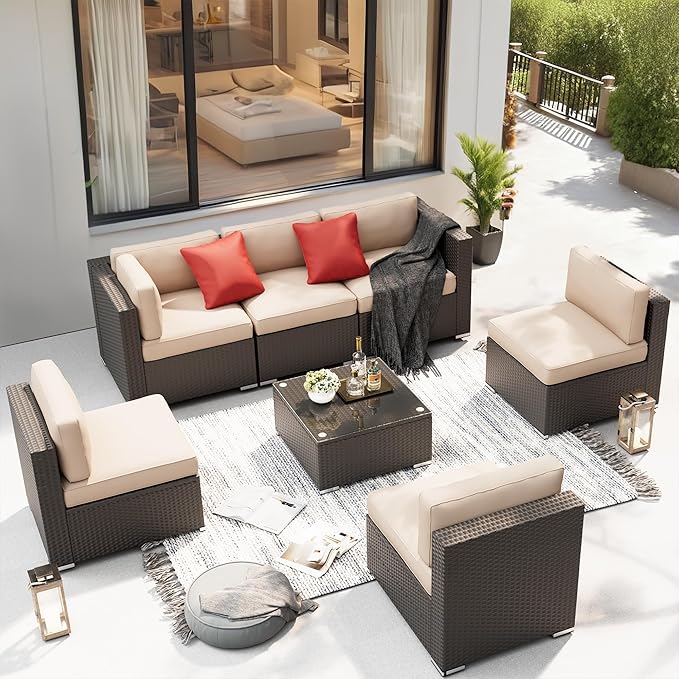 SUNCROWN 7-Piece Outdoor Patio Furniture Sofa Set All-Weather Wicker Sectional Conversation Set with Modern Glass Coffee Table and Cushions, Backyard, Garden, Light Brown