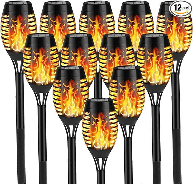 Solar Flame Lights Outdoor, Solar Torch Lights with Flickering Flame for Garden Decor - Waterproof 12 Led Torches for Outside, Yard Light for Pathway Lawn Patio Halloween Decorations 12 Pack