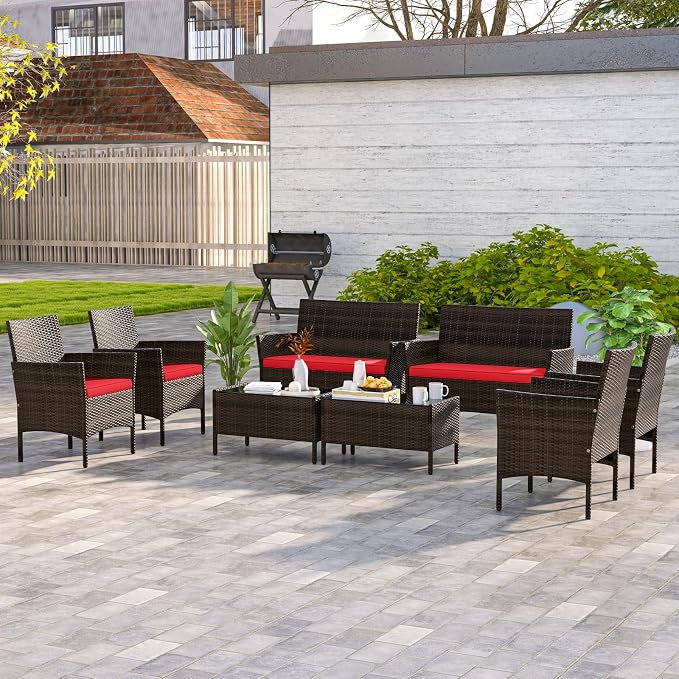 4 Piece Patio Furniture Set, Sectional Conversation Sofa Set with Glass Coffee Table, Cushions & Loveseat, Wicker Outdoor Table and Chairs for Pool, Garden, Deck, Backyard (2, Red)