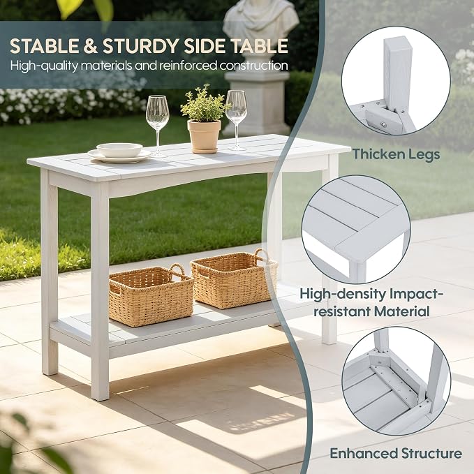 Weatherproof HIPS Outdoor Console Table, 48'' 2-Shelf Side Table Indoor/Outdoor Use, Multifunctional Buffet Table Bar Storage Organizer for Entryway, Patio, Outside Plant Stand Table, White