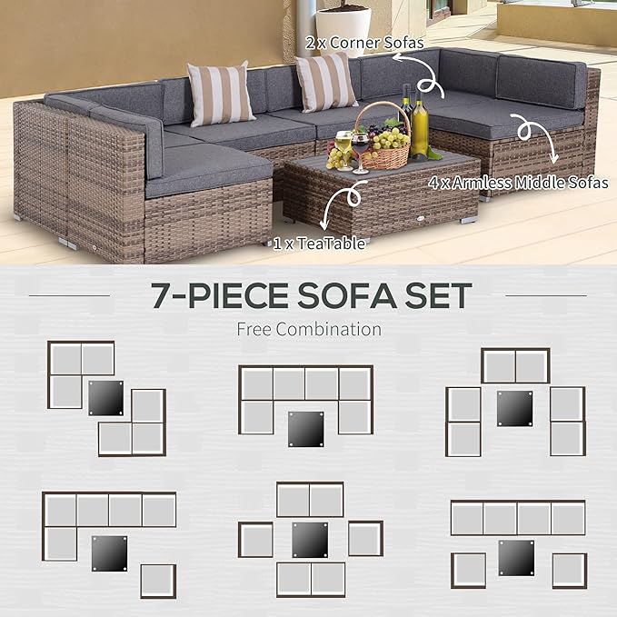 Outsunny 7 Piece Patio Furniture Set, Wicker Outdoor Sectional Sofa Set, All Weather PE Rattan Outdoor Furniture Conversation Sets with Cushions, Faux Wood Coffee Table, Striped Pillows, Gray