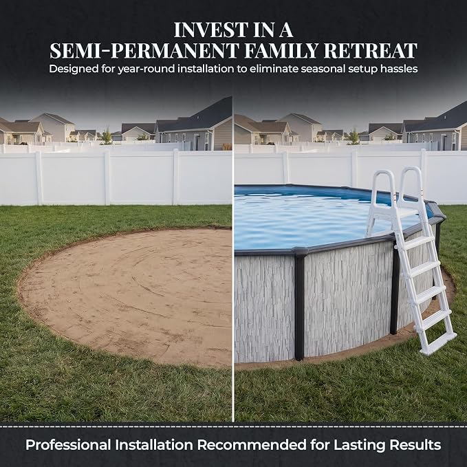 Blue Wave Sevilla 18-ft Round 52-in Deep Hard Sided Steel Frame Above Ground Pool with 6-in Steel Top Seats, 0.5 HP Sand Filter System, Ladder, Skimmer & Liner – 7,200-Gallon Capacity for Family Use