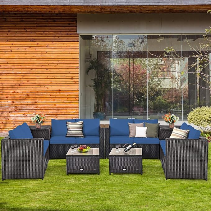 Tangkula 8 Piece Wicker Patio Set with Storage, All Weather-Proof Outdoor Conversation Set, with Loveseat, Coffee Table & Storage Box, Suitable for Garden, Poolside, Sunroom (2, Navy Blue)