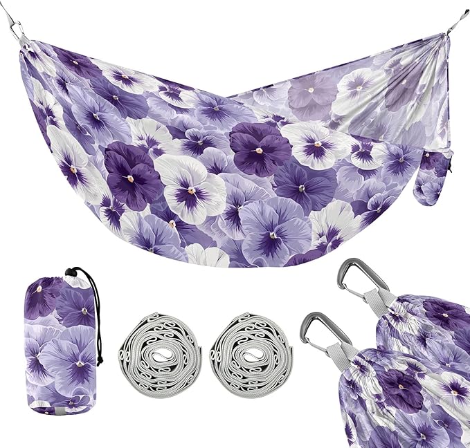 Camping Hammock Outdoor Hammocks for Outside Pansy Flowers White Violet Beach Trees Portable Lightweight with Pockets Tree Straps Indoor Small