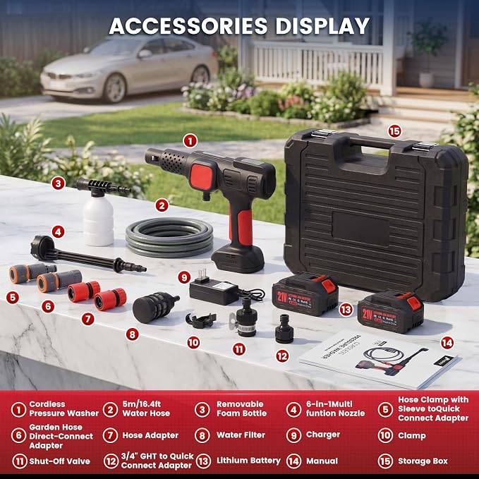 Cordless Portable Washer, Brushless Motor Electric Power Washer with 2×4.0Ah Batteries, LCD Display & 4 Power Modes, Direct Tap/Garden Hose, 7-in-1 Nozzle & Foam Cannon for Auto, Patio, Siding
