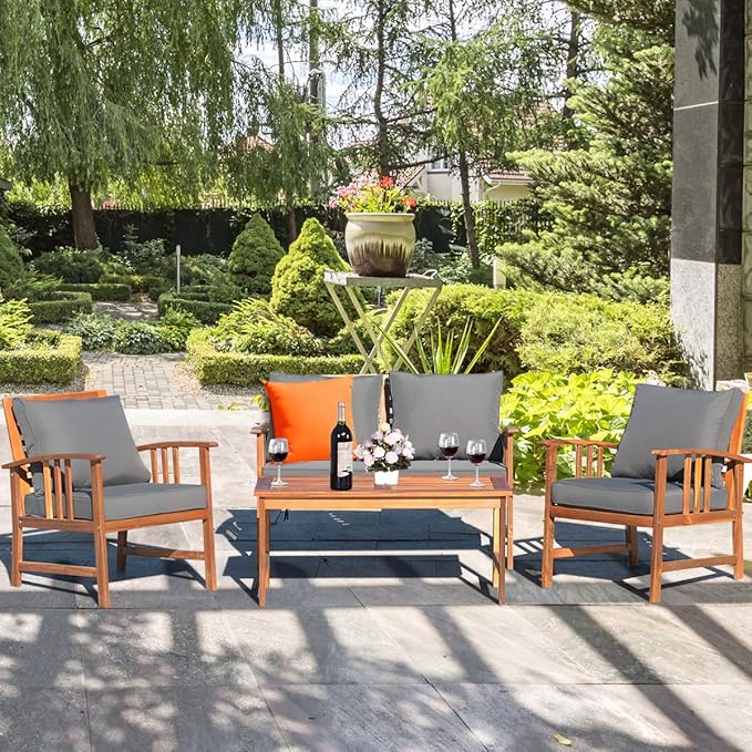 Tangkula 4 Pieces Acacia Wood Patio Furniture Set, Outdoor Seating Chat Set with Gray Cushions & Back Pillow, Conversation Set with Coffee Table, Ideal for Garden, Backyard, Poolside