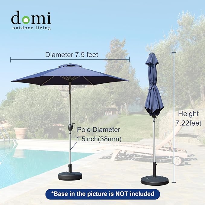Domi 7.5FT Patio Umbrella Outdoor Market Umbrella with Silver Aluminum Pole, UV Resistant Canopy, Wind Vent, Tilt & Crank System, Perfect for Patio, Garden, Deck, Pool, Outdoor Dining, Navy Blue