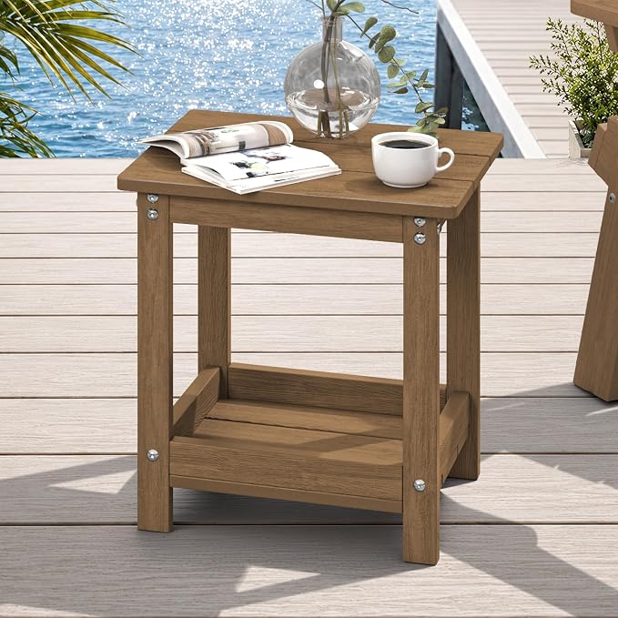 LUE BONA Outdoor Side Table, 2-Tier HDPE Small Outdoor End Table with Rail for Patio, Deck, Poolside, Low Maintenance & Weather Resistant, Walnut Brown