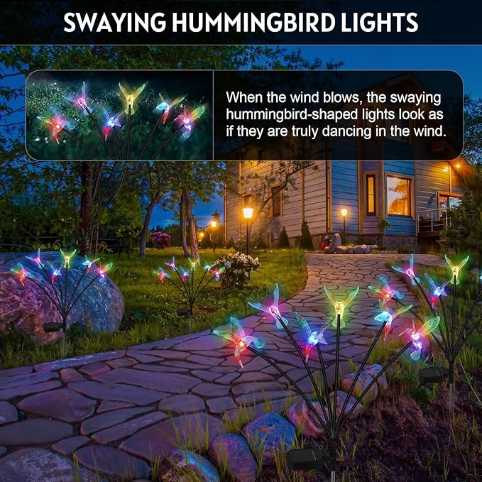 4 Pack Solar Hummingbird Lights Outdoor Garden, 6 Head Solar Swaying Pathway Stake Lights Waterproof for Yard Lawn Patio Walkway Landscape Decor