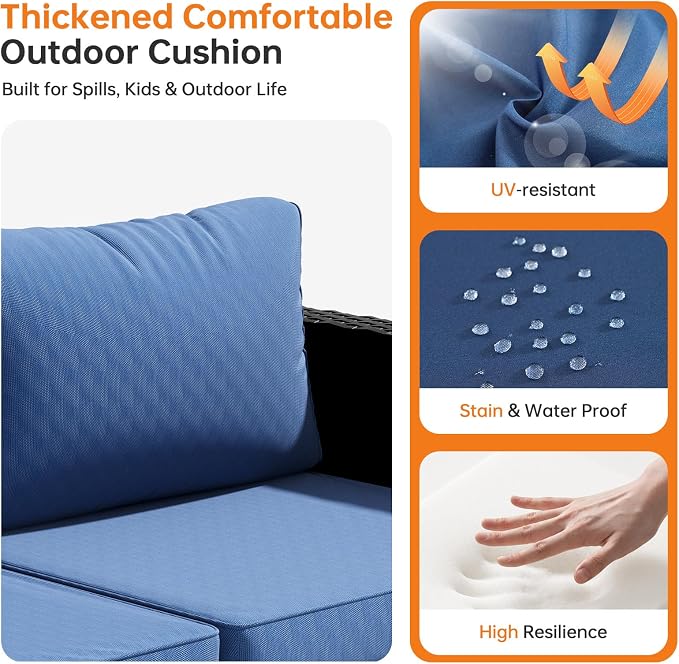 LazySunsets 1-Piece Outdoor Patio Furniture Set, Rattan Outdoor Sectional with Thick Waterproof Cushions, Wicker Ottomans & Waterproof Cover, Patio Conversation Set for Garden, Backyard, Navy Blue