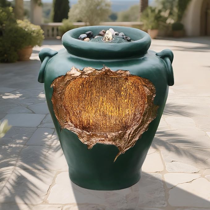 19" Broken Jar Water Fountain with Gold Interior Cascading Zen Water Feature and LED Lights Green Urn Indoor/Outdoor Décor for Garden, Patio, Backyard, Decking, Living Space