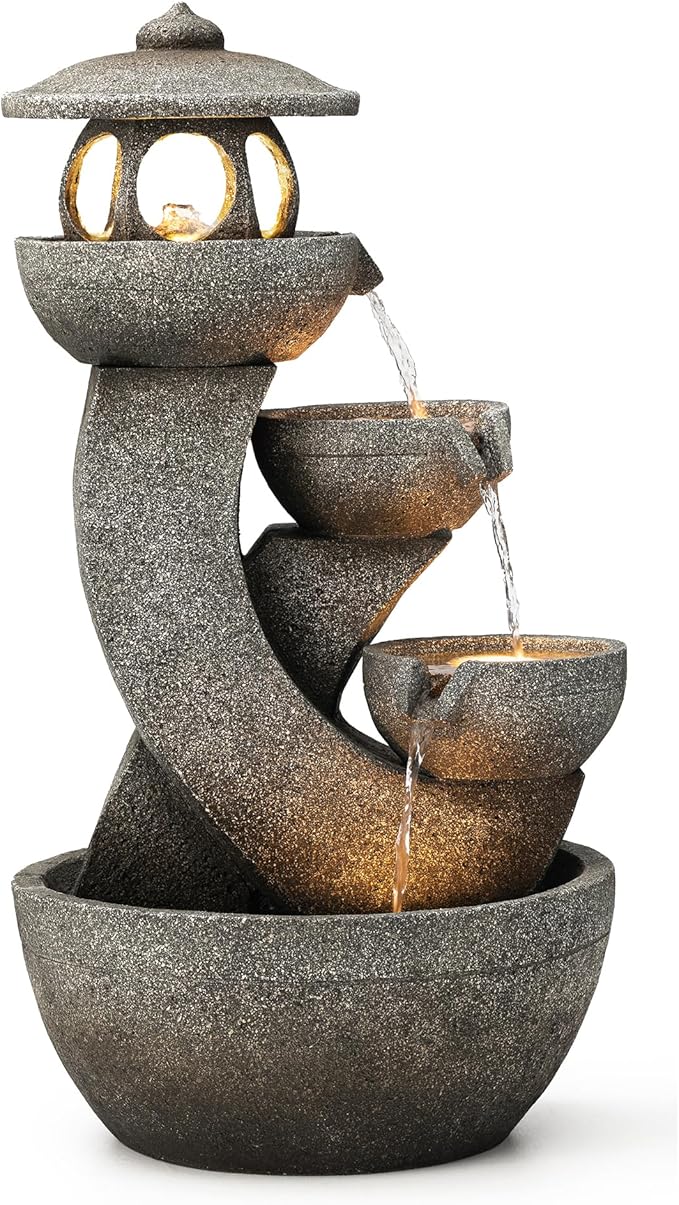 Glitzhome 4-Tiered Pagoda Polyresin Outdoor Fountain with Pump and LED Light, 32" H