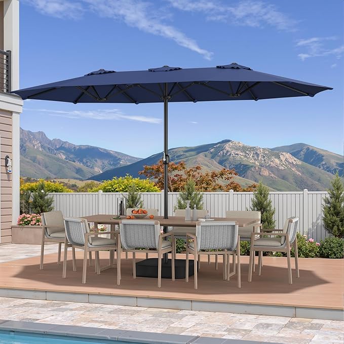 ONBRILL 15ft Patio Umbrella with Base Included, Extra Large Shade Area, Double Sided Rectangle Umbrella with Crank Handle for Poolside, Garden, Yard, Blue (Blue)