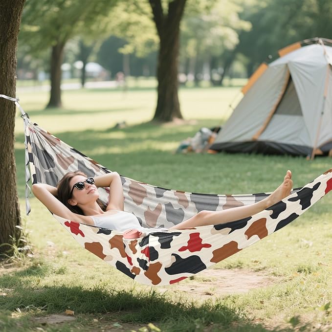 Camping Hammock Outdoor Hammocks for Outside Brown Black Red Cow Spots Beach Trees Portable Lightweight with Pockets Tree Straps Indoor