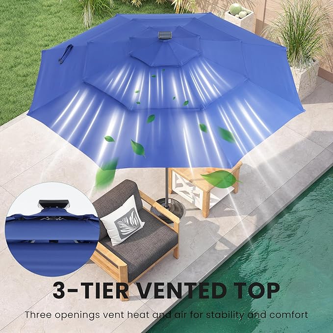 DUMOS 10FT 3 Tier Patio Umbrella with 32 LED Lights, Outdoor Patio Umbrella with Crank, Table Umbrellas 8 Sturdy Ribs for Pool, Market, Terrace, Beach, Outdoor Restaurant, Blue