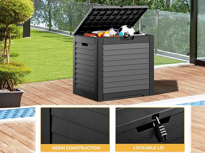 35 Gallon Louvered Outdoor Deck Box, Waterproof Resin Storage Box with Lockable Lid for Patio, Garden, Poolside Toys and Package Delivery