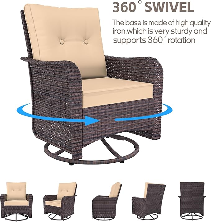 Patio Furniture Set 9 Pieces Outdoor Swivel Rocking Chairs Sofa Set,PE Rattan Wicker Patio Conversation Set with Thickened Cushions and Glass Coffee Table,Sand