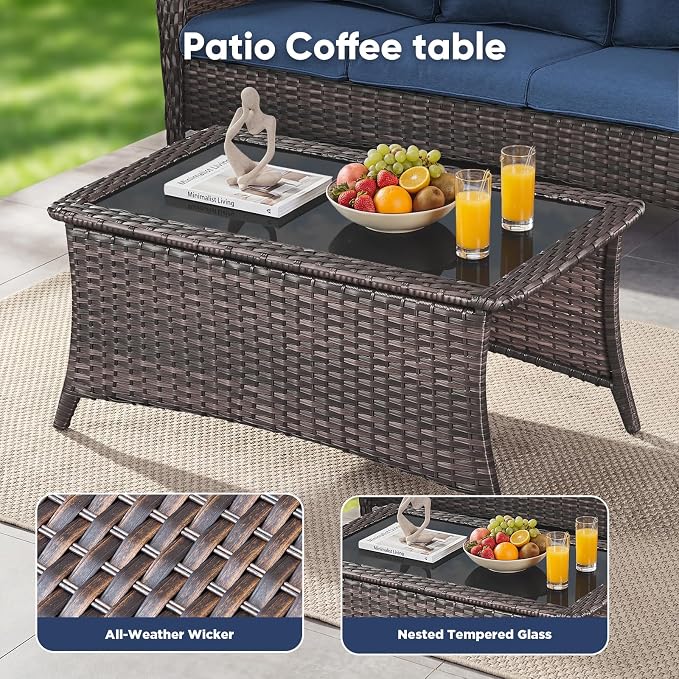 Belord 8 Piece Wicker Patio Furniture Set, Outdoor Swivel Rocker Chairs Set of 4 with Ottomans and Rattan Couch, All Weather Patio Conversation Furniture Set, for Pool,Yard Brown Wicker/Blue