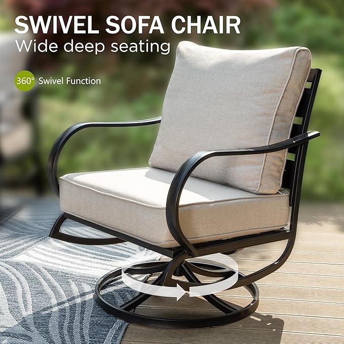 PHI VILLA 7 PCS Patio Furniture Set,Metal Outdoor Furniture with 1x 3 Seater Cushioned Deep Seating Bench Sofa, 2 Swivel Chair, 2 x Leg Chairs & 2 Ottoman,Outdoor Seating for 7 Person